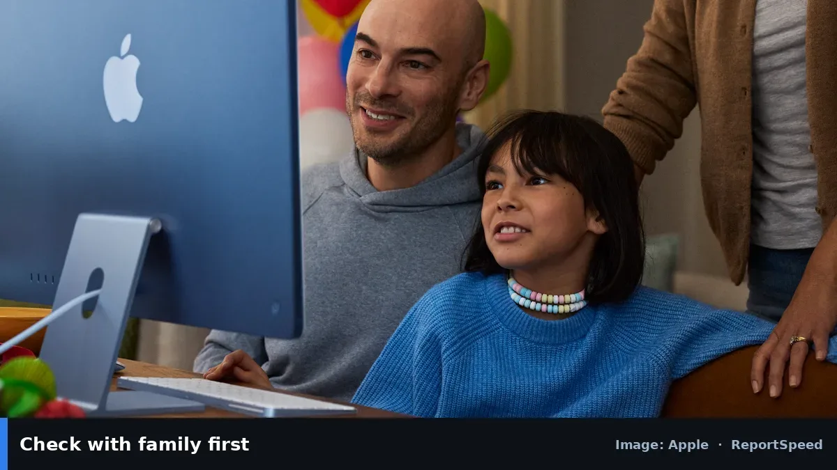Apple photo of a family using a Mac together (Apple official image), annotated: Check with family first