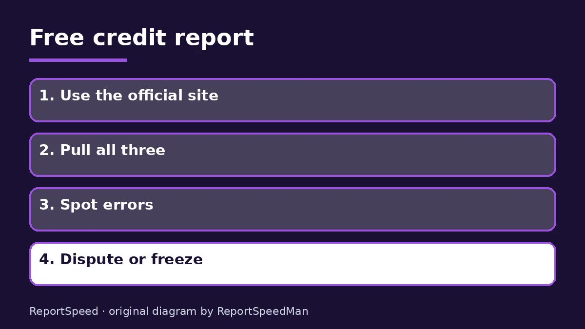 Diagram: Free credit report — Use the official site; Pull all three; Spot errors; Dispute or freeze