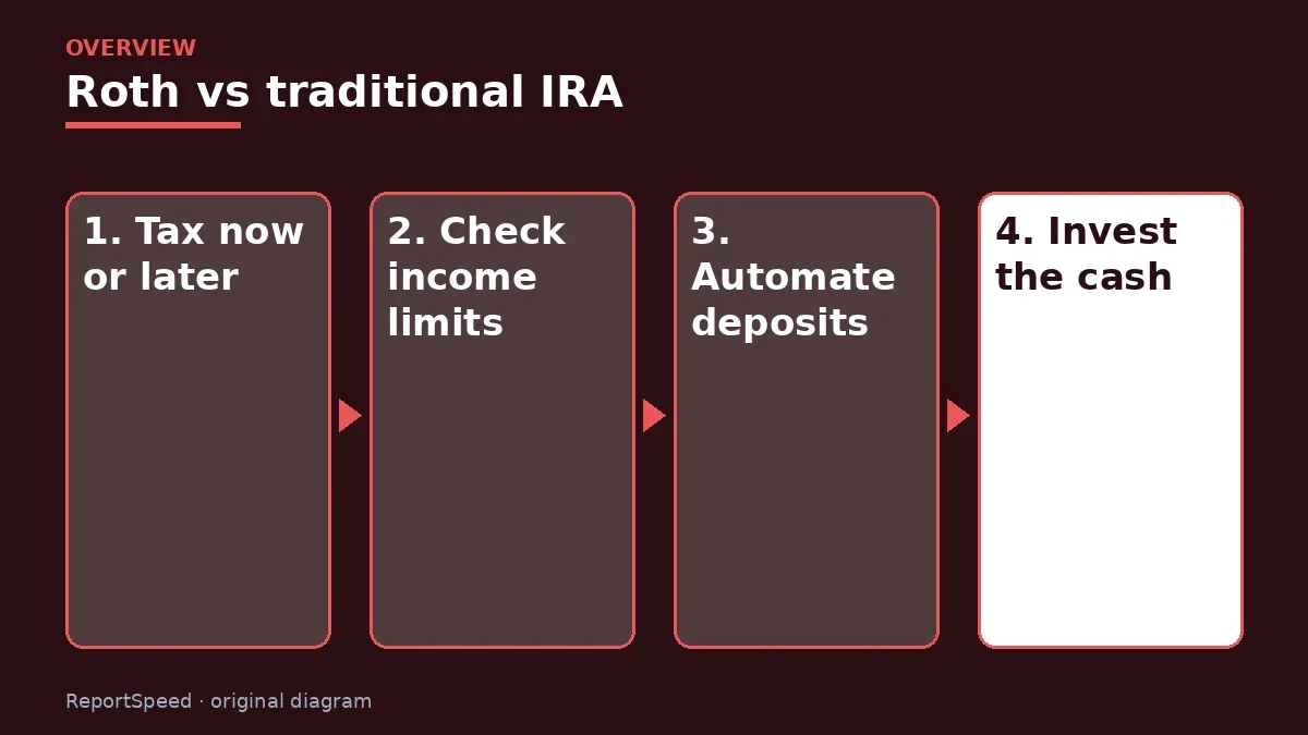 Overview diagram: Roth vs traditional IRA — Tax now or later; Check income limits; Automate deposits; Invest the cash