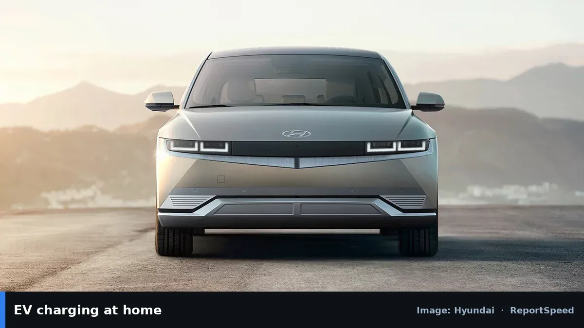 Hyundai IONIQ 5 electric car (Hyundai official image), annotated: EV charging at home