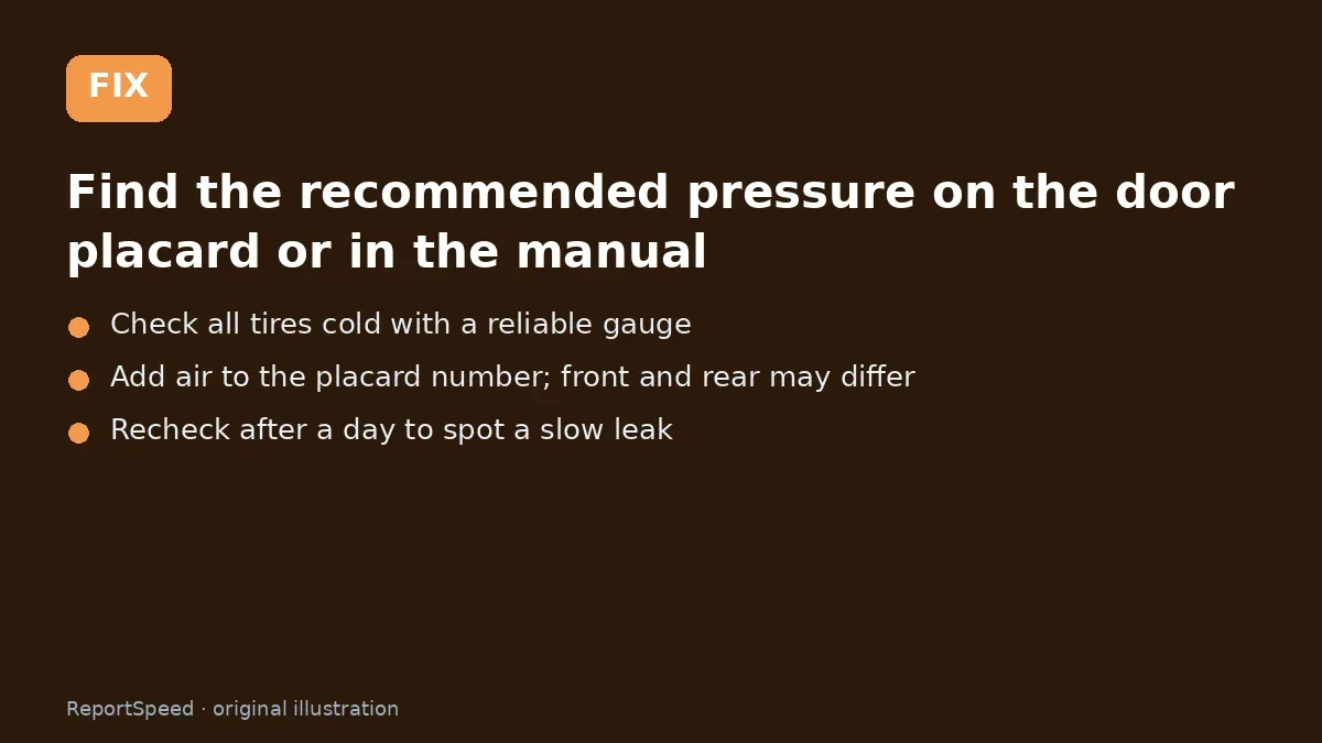 Fix steps: Find the recommended pressure on the door placard or in the…; Check all tires cold with a reliable gauge; Add air to the placard number; front and rear may differ