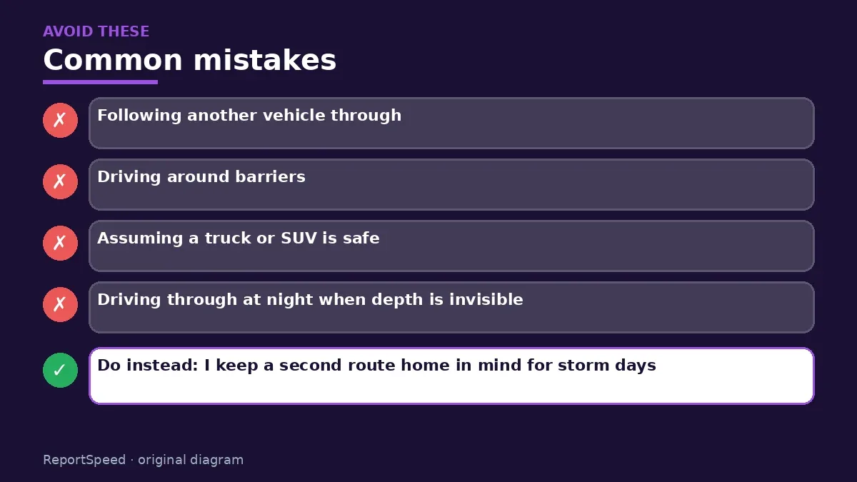 Callout graphic of common mistakes to avoid and what to do instead for Is it safe to drive through a flooded road