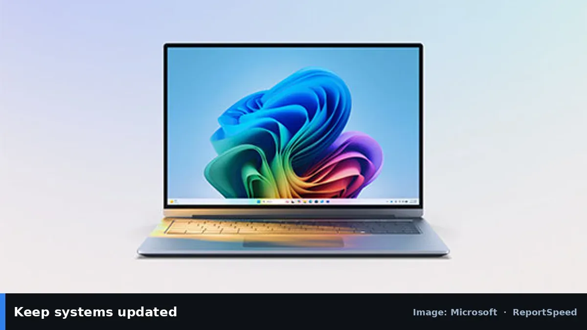 Windows 11 laptop (Microsoft official image), annotated: Keep systems updated