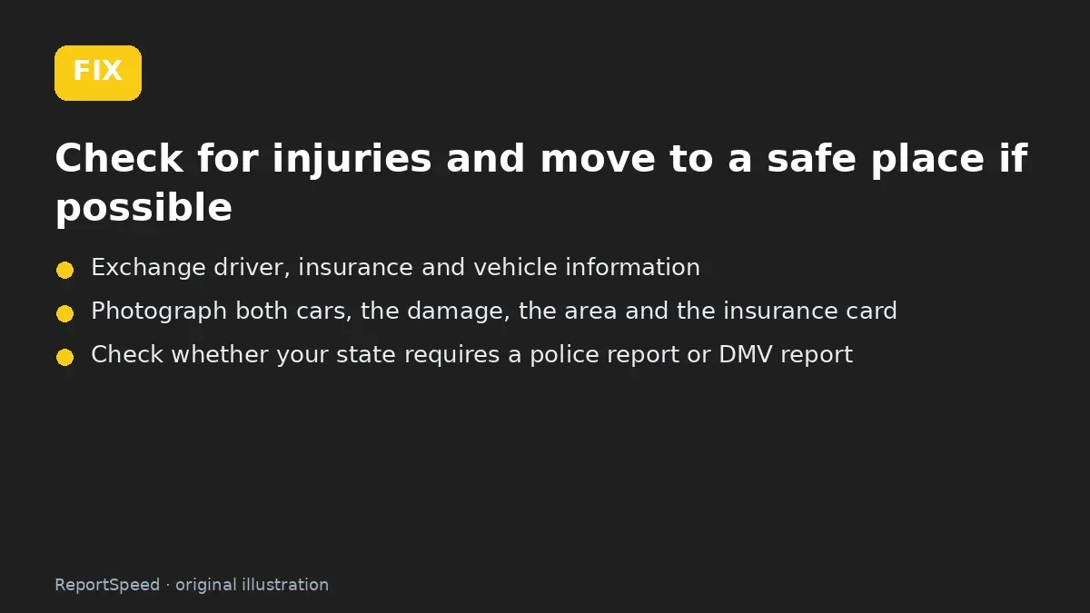 Fix steps: Check for injuries and move to a safe place if possible; Exchange driver, insurance and vehicle information; Photograph both cars