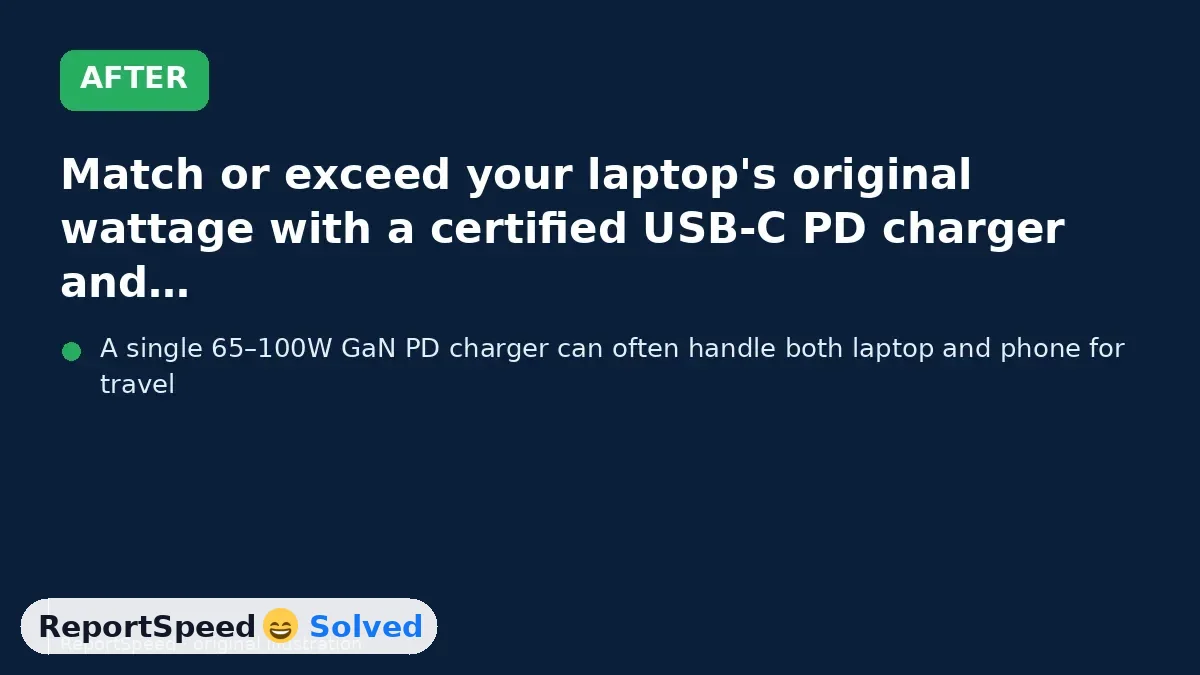 After: Match or exceed your laptop's original wattage with a certified USB-C PD charger and correctly rated cable