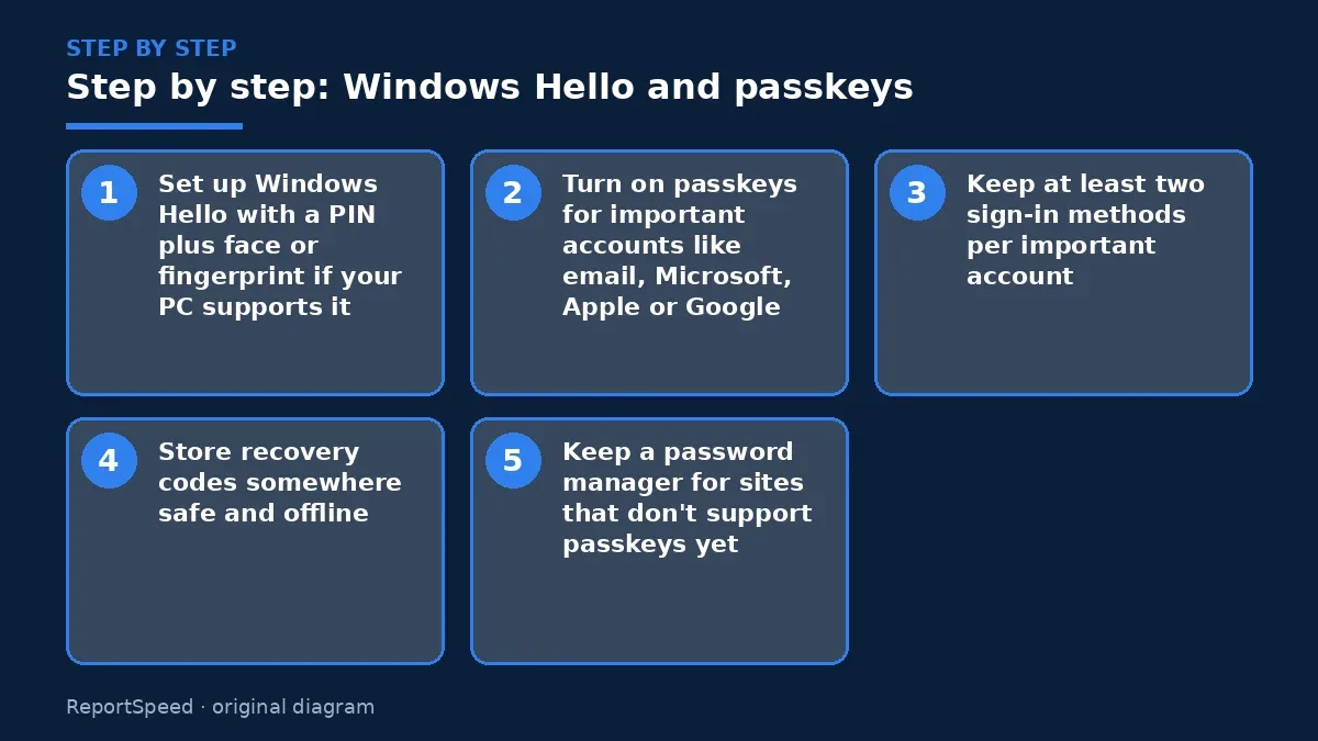 Step illustration: numbered steps for Windows Hello and passkeys