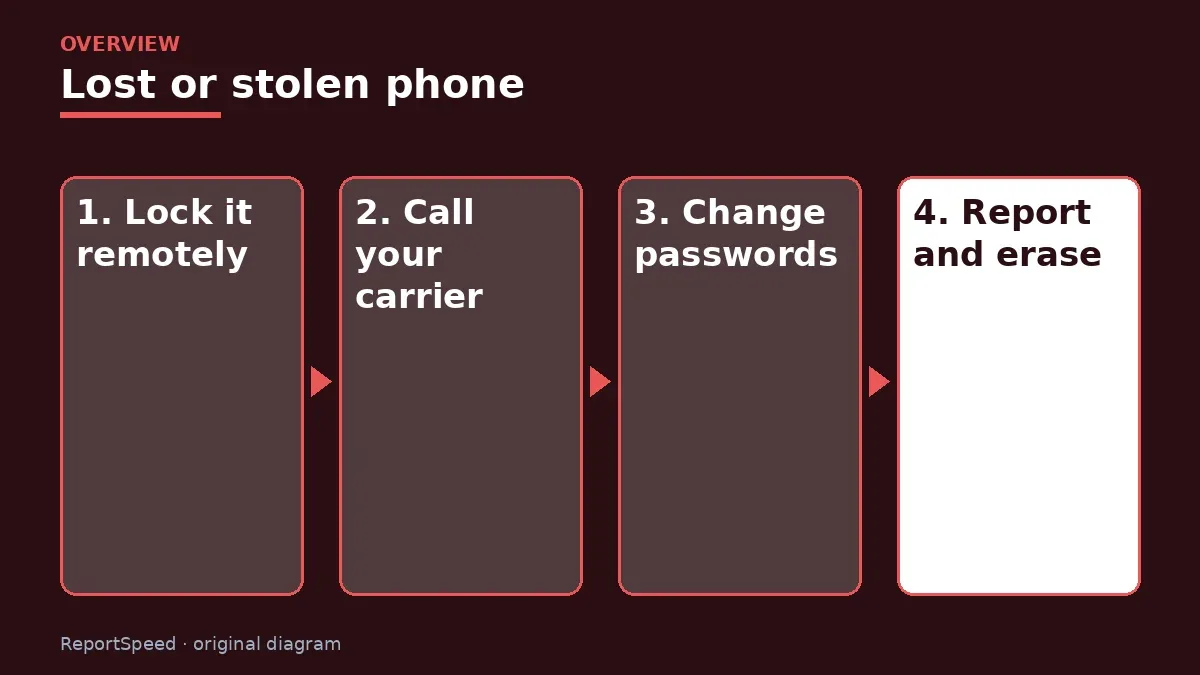 Overview diagram: Lost or stolen phone — Lock it remotely; Call your carrier; Change passwords; Report and erase