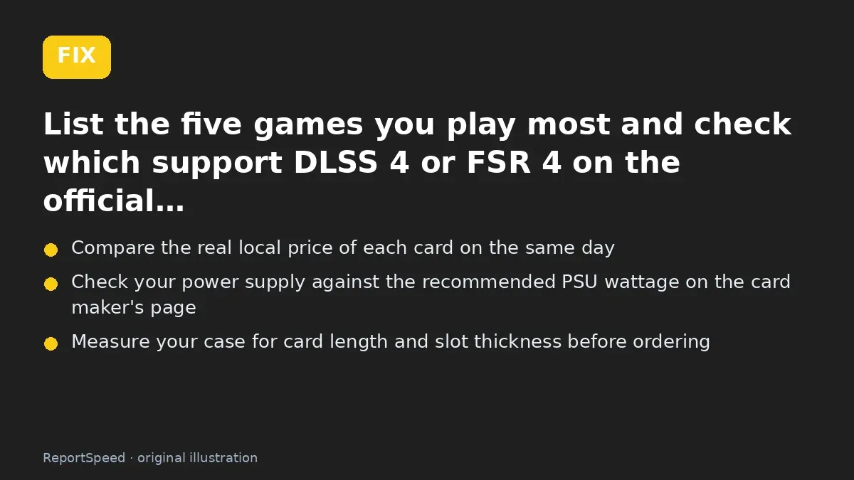 Fix steps: List the five games you play most and check which support…; Compare the real local price of each card on the same day; Check your power supply against the recommended PSU wattage…