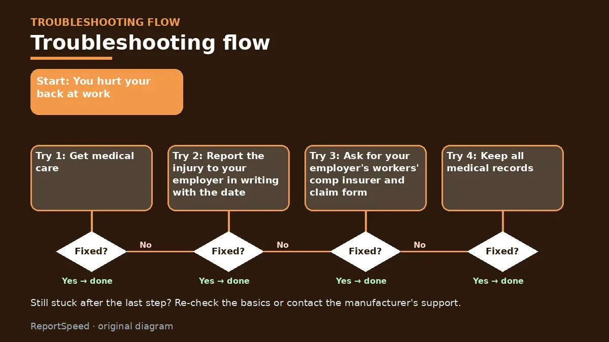 Troubleshooting flowchart: try each step in order and stop when it is fixed — Hurt at work