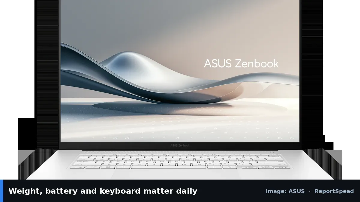 ASUS Zenbook laptop (ASUS official image), annotated: Weight, battery and keyboard matter daily
