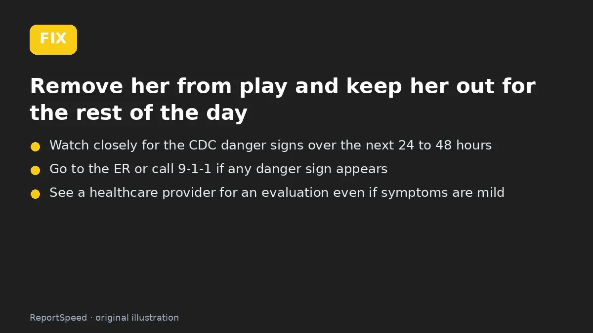 Fix steps: Remove her from play and keep her out for the rest of the…; Watch closely for the CDC danger signs over the next 24 to…; Go to the ER or call 9-1-1 if any danger sign appears
