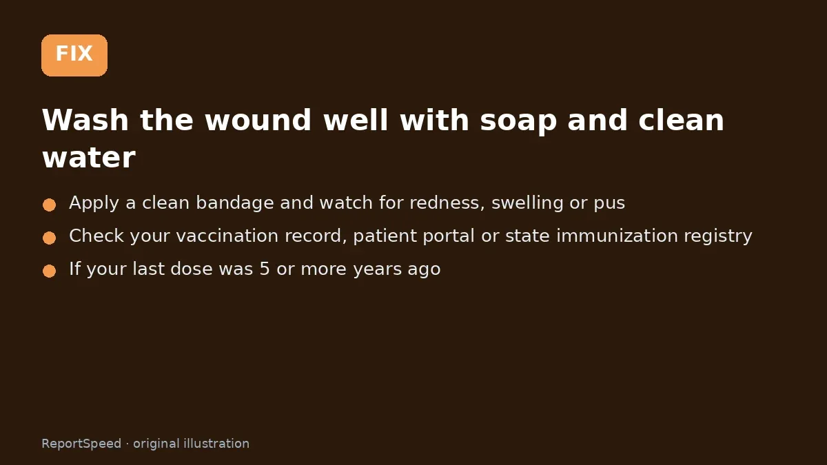 Fix steps: Wash the wound well with soap and clean water; Apply a clean bandage and watch for redness, swelling or pus; Check your vaccination record