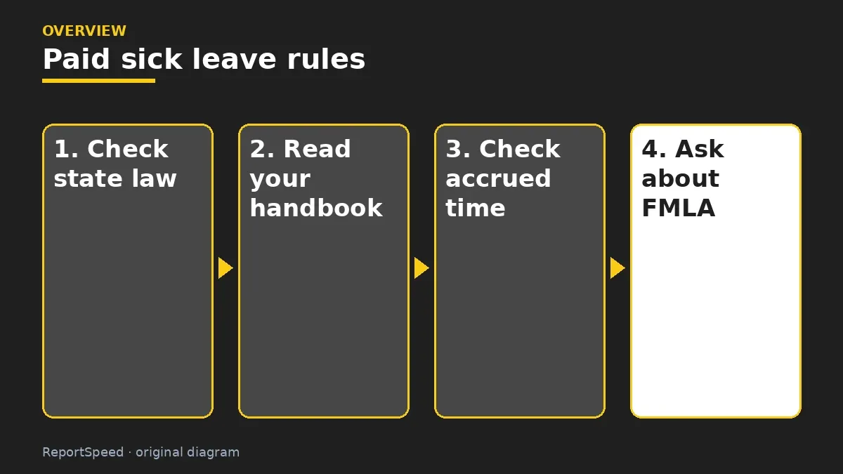 Overview diagram: Paid sick leave rules — Check state law; Read your handbook; Check accrued time; Ask about FMLA