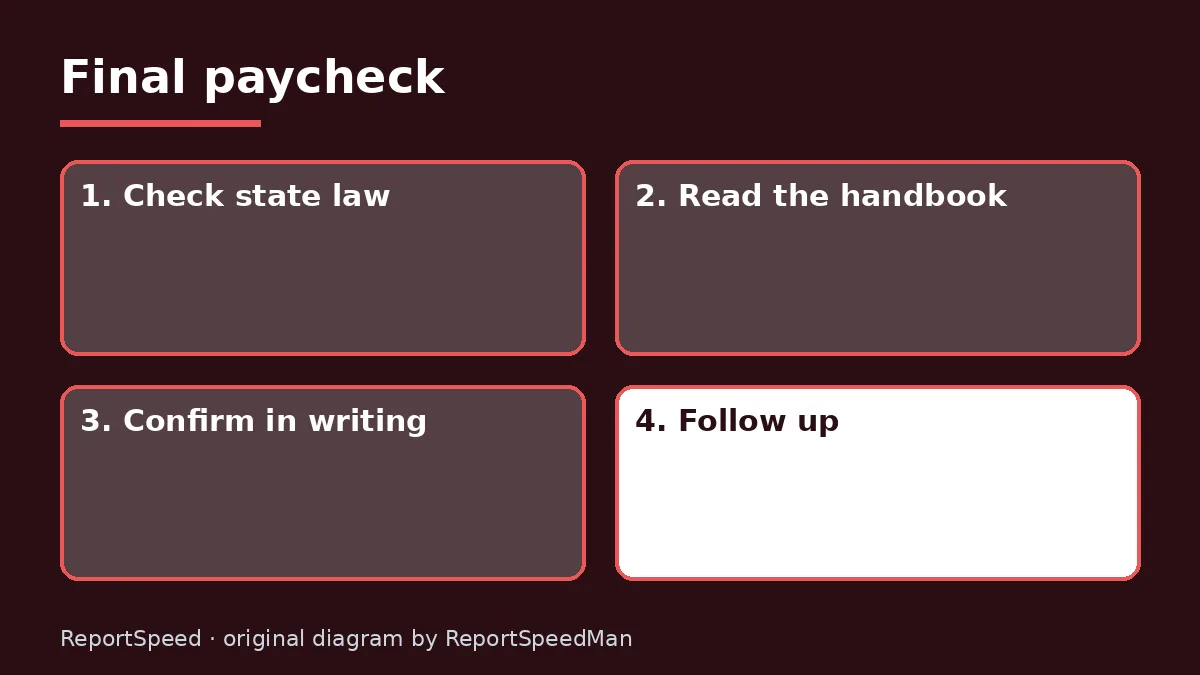 Diagram: Final paycheck — Check state law; Read the handbook; Confirm in writing; Follow up