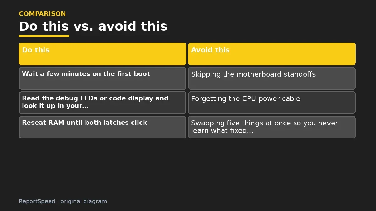 Comparison chart of recommended actions versus common mistakes for: New PC build won't POST