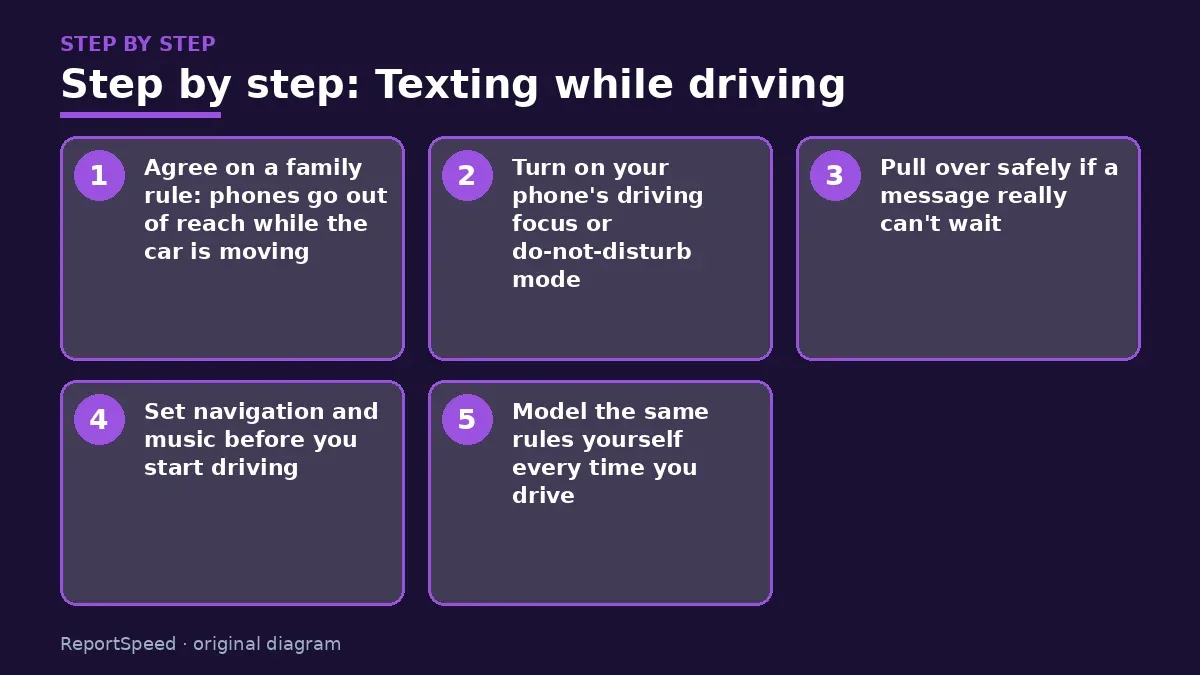 Step illustration: numbered steps for Texting while driving