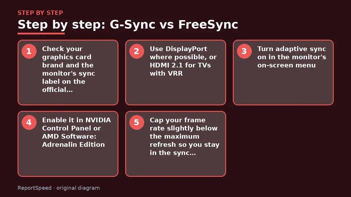 Step illustration: numbered steps for G-Sync vs FreeSync