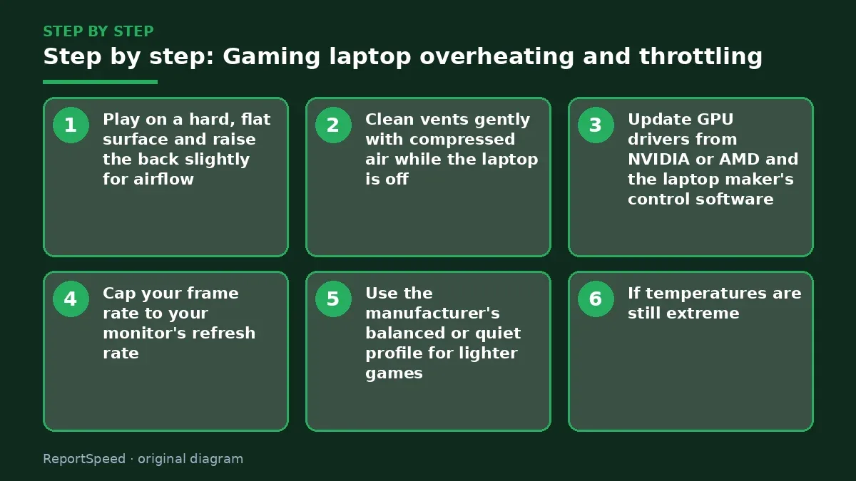 Step illustration: numbered steps for Gaming laptop overheating and throttling