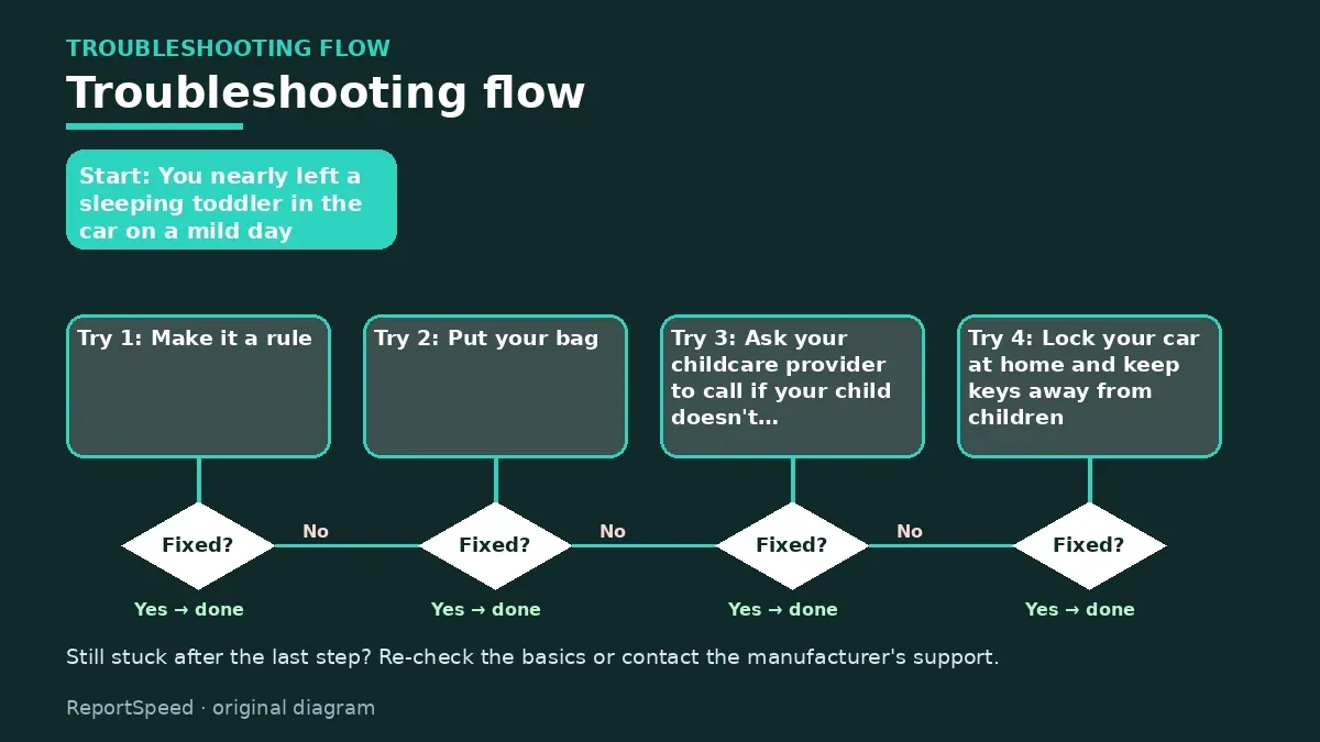 Troubleshooting flowchart: try each step in order and stop when it is fixed — Hot car safety