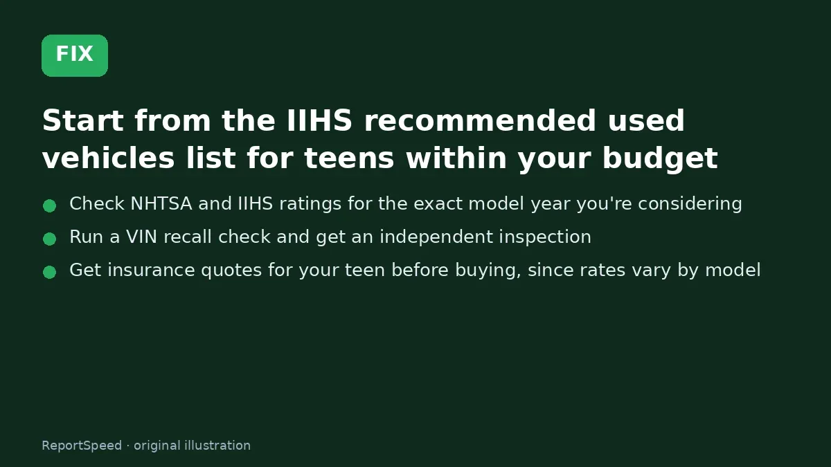 Fix steps: Start from the IIHS recommended used vehicles list for…; Check NHTSA and IIHS ratings for the exact model year…; Run a VIN recall check and get an independent inspection