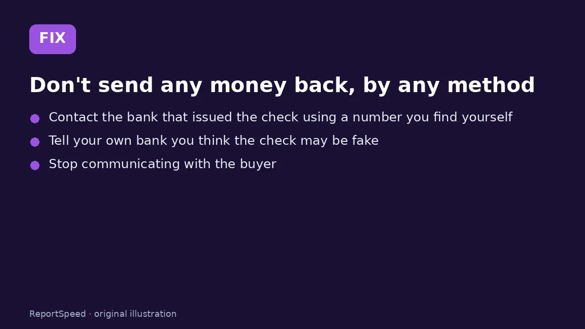 Fix steps: Don't send any money back, by any method; Contact the bank that issued the check using a number you…; Tell your own bank you think the check may be fake