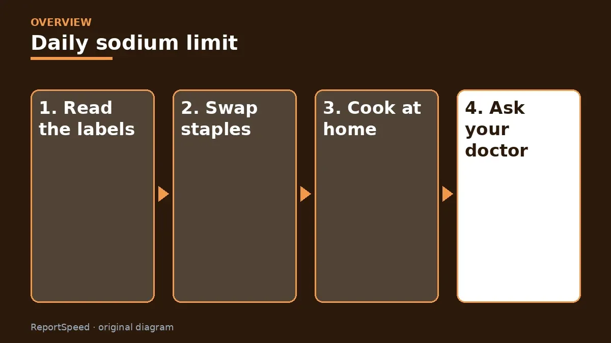 Overview diagram: Daily sodium limit — Read the labels; Swap staples; Cook at home; Ask your doctor
