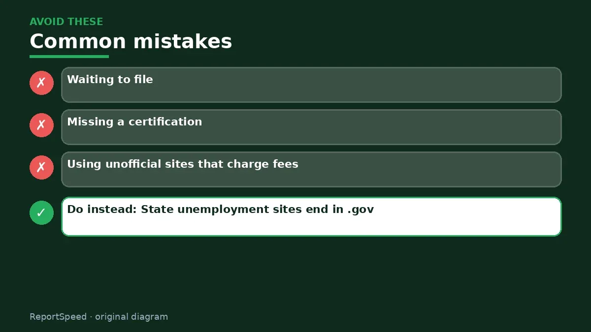 Callout graphic of common mistakes to avoid and what to do instead for How do I apply for unemployment benefits