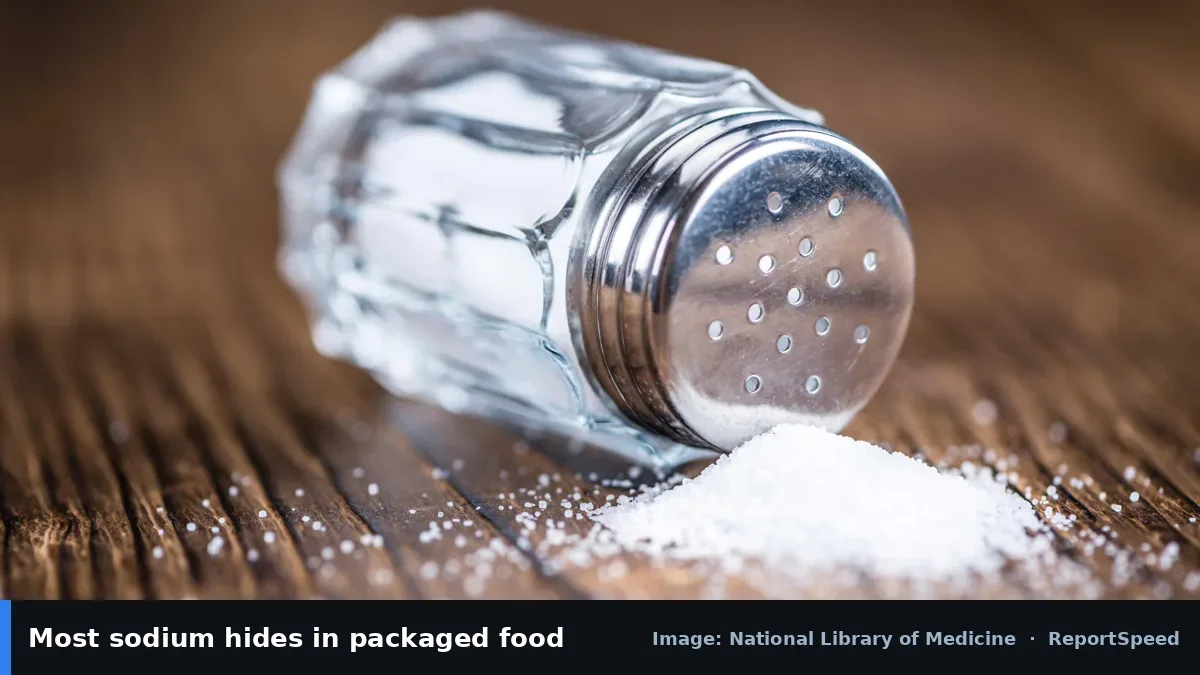 MedlinePlus image of a salt shaker (National Library of Medicine official image), annotated: Most sodium hides in packaged food