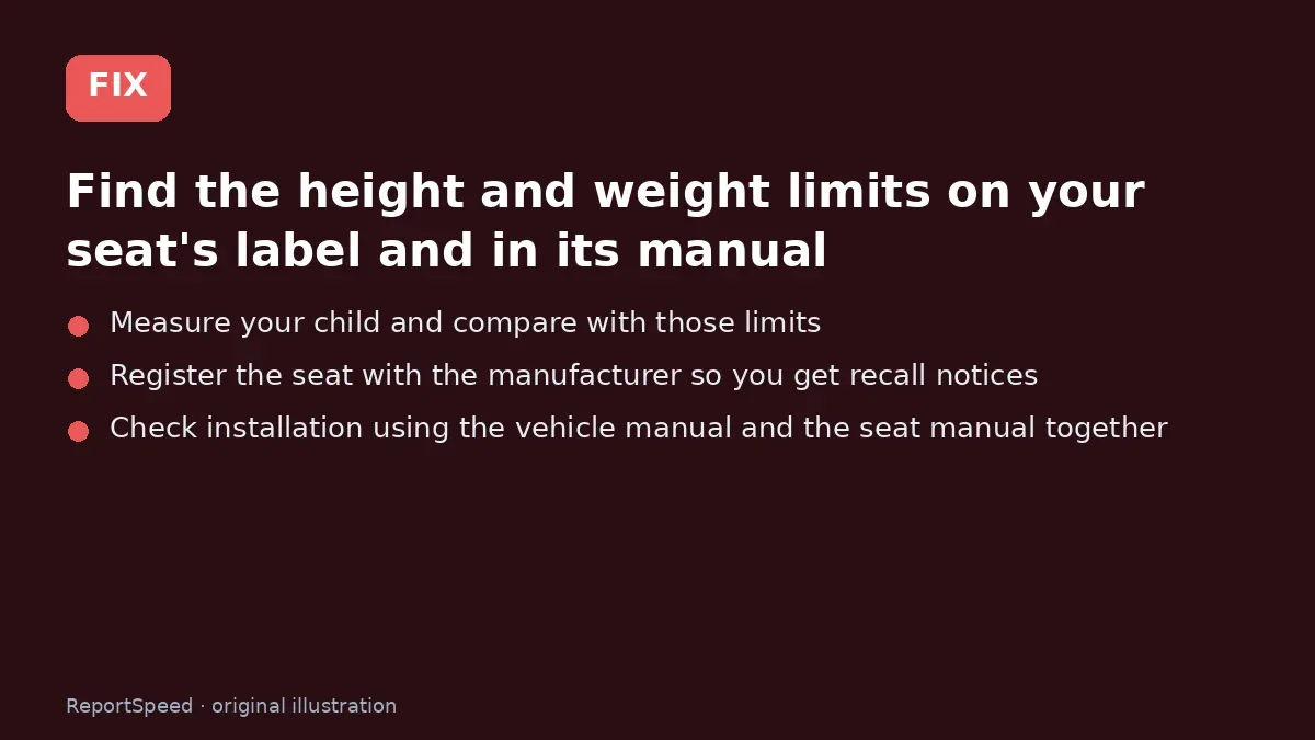 Fix steps: Find the height and weight limits on your seat's label and…; Measure your child and compare with those limits; Register the seat with the manufacturer so you get recall…