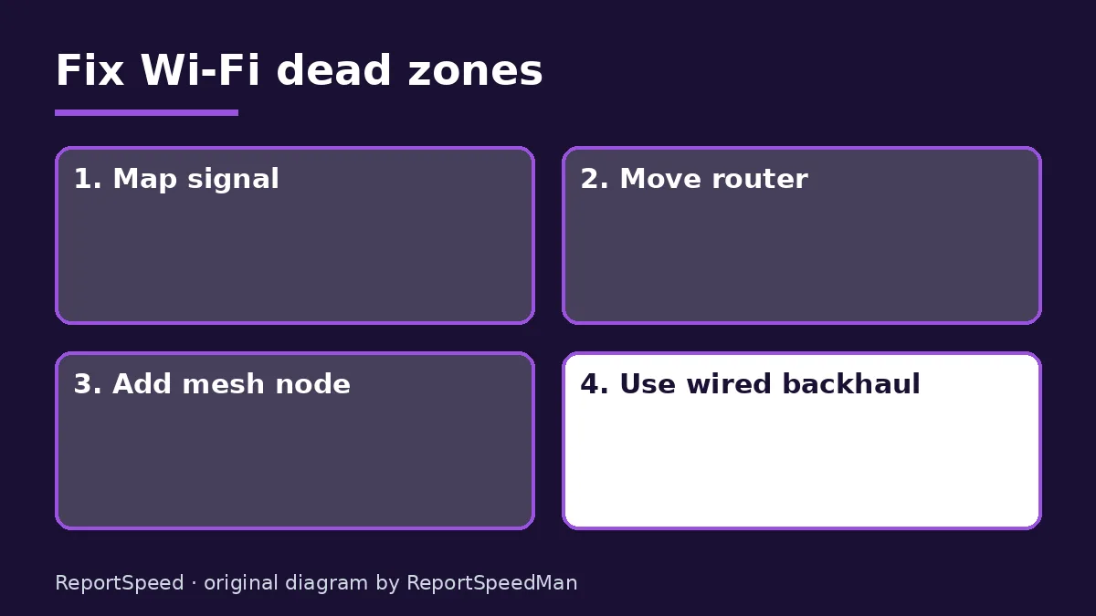 Diagram: Fix Wi-Fi dead zones — Map signal; Move router; Add mesh node; Use wired backhaul