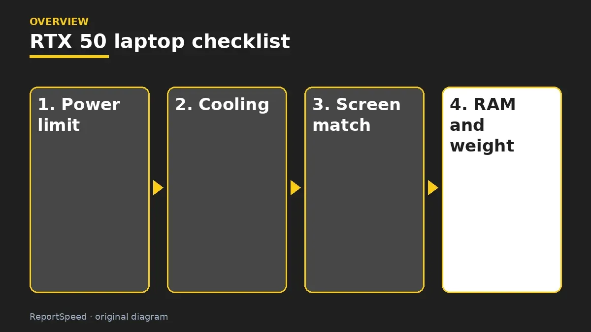 Overview diagram: RTX 50 laptop checklist — Power limit; Cooling; Screen match; RAM and weight