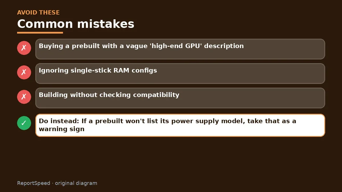 Callout graphic of common mistakes to avoid and what to do instead for Build or buy a prebuilt gaming PC