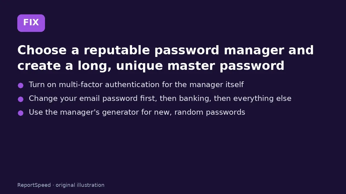 Fix steps: Choose a reputable password manager and create a long; Turn on multi-factor authentication for the manager itself; Change your email password first