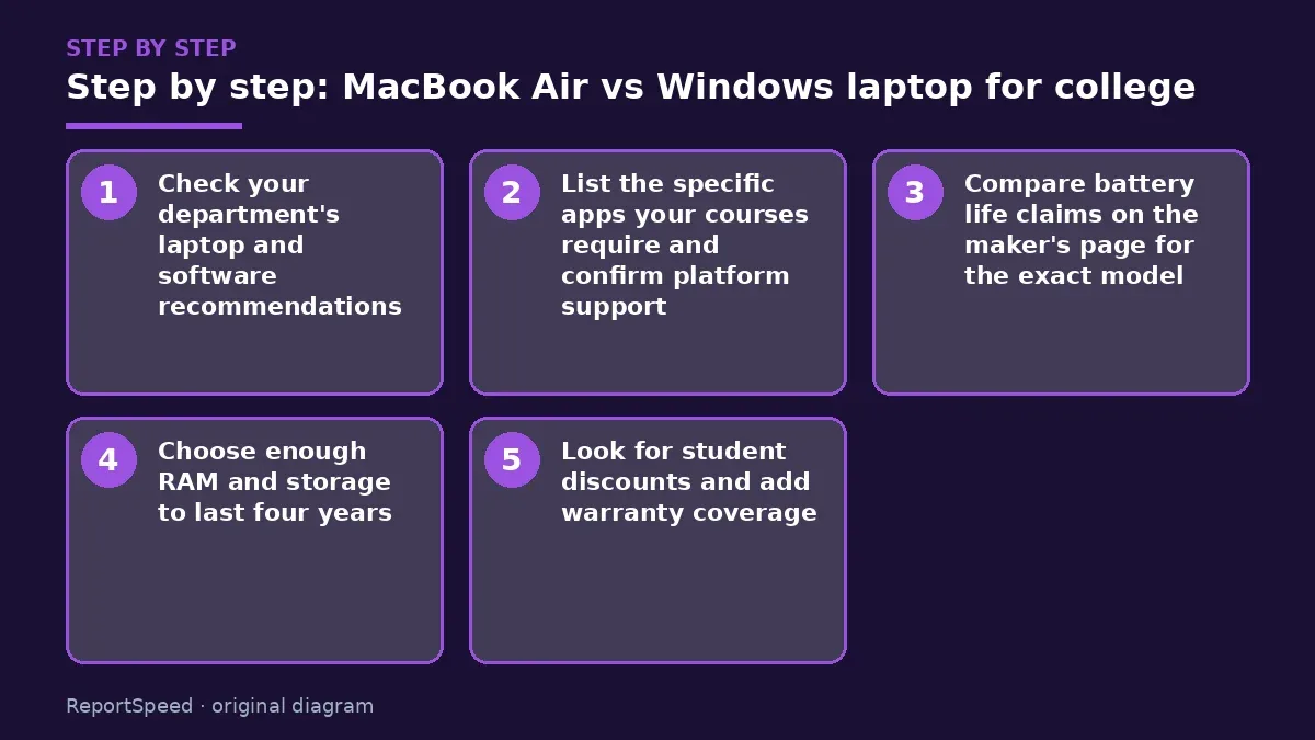 Step illustration: numbered steps for MacBook Air vs Windows laptop for college
