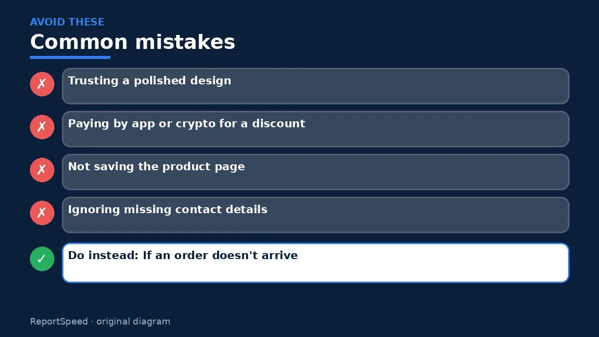 Callout graphic of common mistakes to avoid and what to do instead for How to tell if an online store is legit before you buy