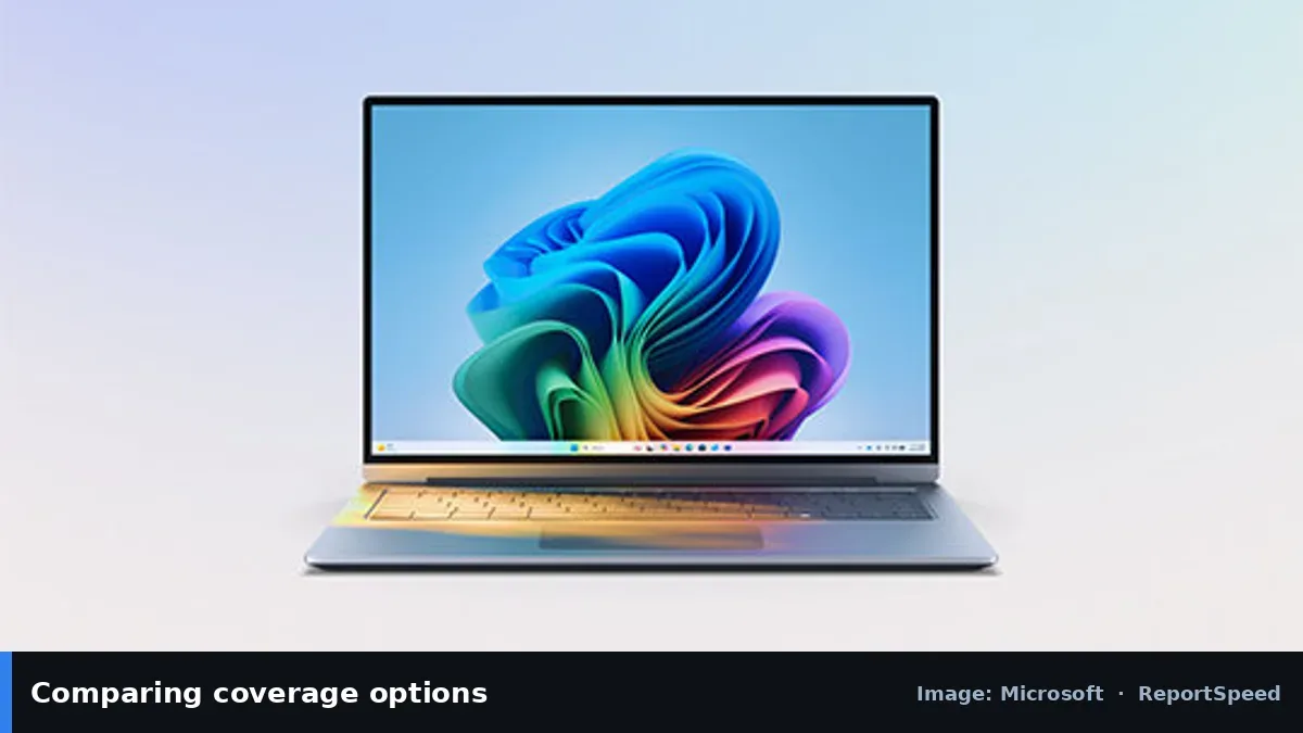 Windows 11 laptop (Microsoft official image), annotated: Comparing coverage options