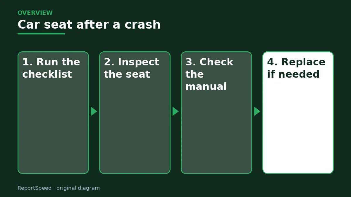 Overview diagram: Car seat after a crash — Run the checklist; Inspect the seat; Check the manual; Replace if needed