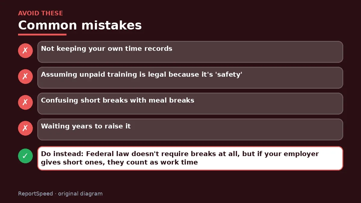 Callout graphic of common mistakes to avoid and what to do instead for Does my employer have to pay for breaks, training and waiting time