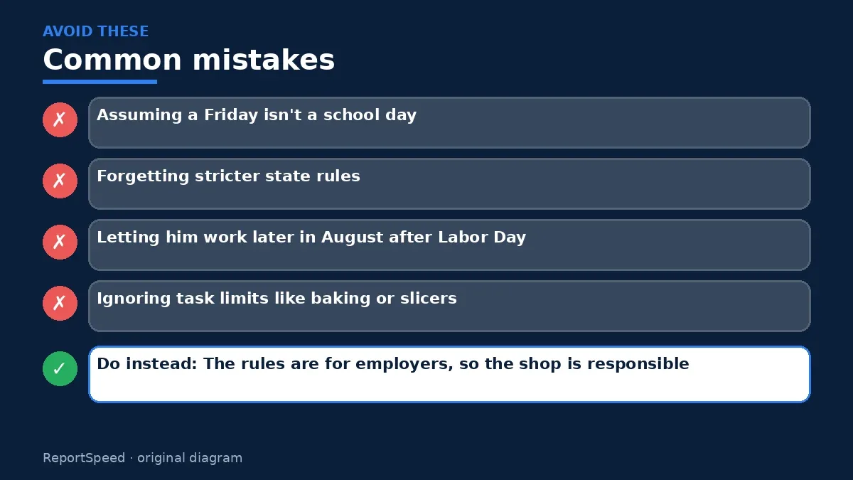 Callout graphic of common mistakes to avoid and what to do instead for How many hours can a 14- or 15-year-old work