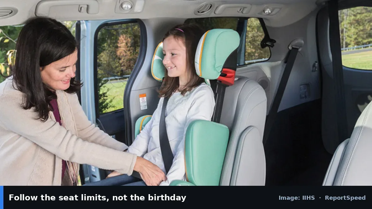 IIHS photo of a parent securing a child in a car seat (IIHS official image), annotated: Follow the seat limits, not the birthday