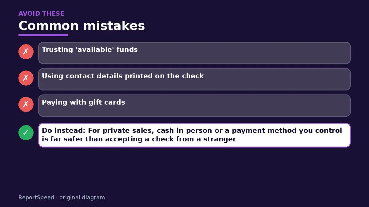 Callout graphic of common mistakes to avoid and what to do instead for Fake check scams