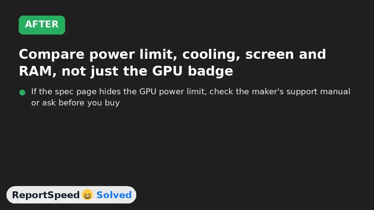 After: Compare power limit, cooling, screen and RAM, not just the GPU badge