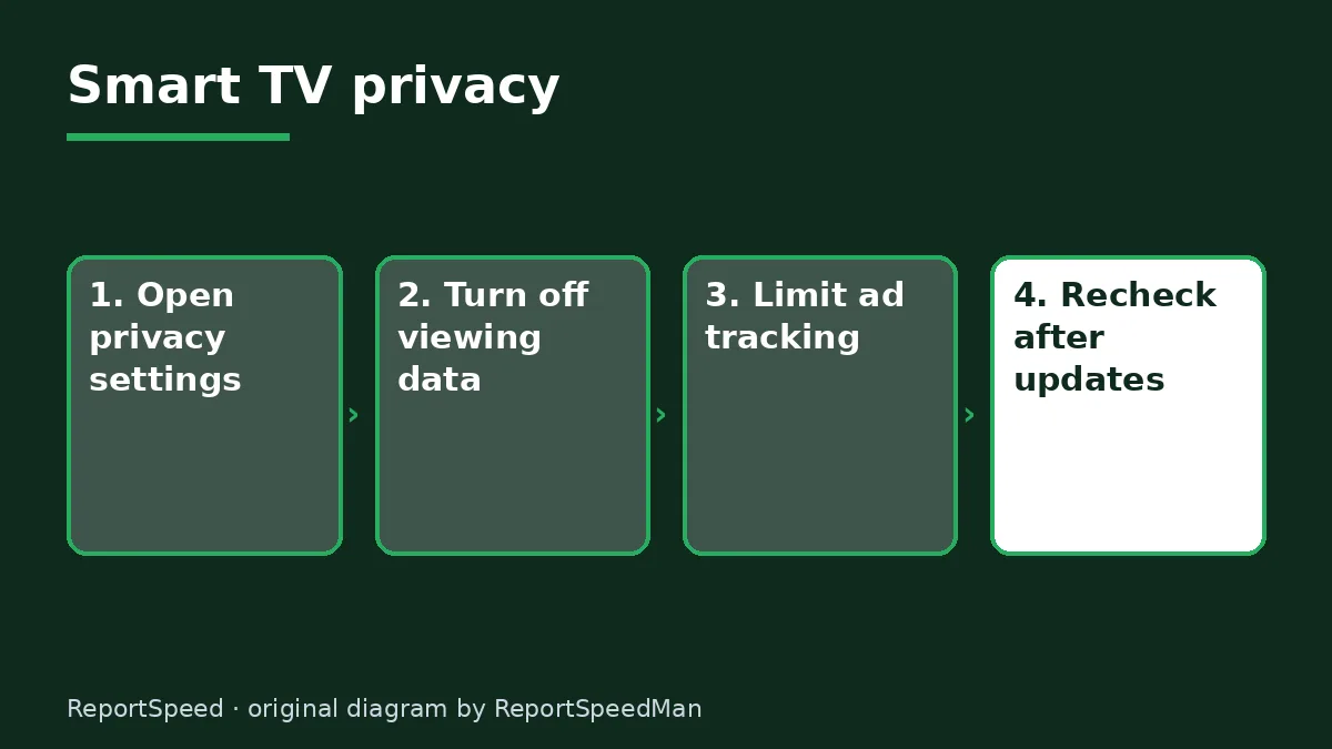 Diagram: Smart TV privacy — Open privacy settings; Turn off viewing data; Limit ad tracking; Recheck after updates