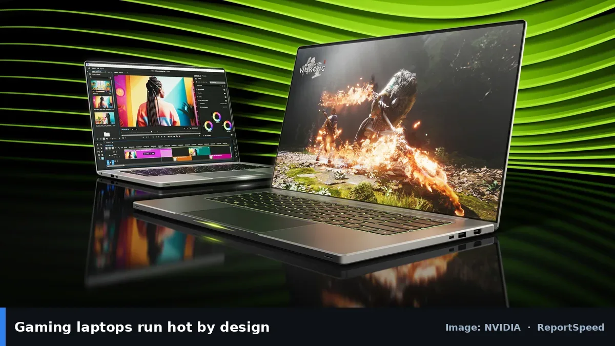 GeForce RTX 50 Series laptops (NVIDIA official image), annotated: Gaming laptops run hot by design