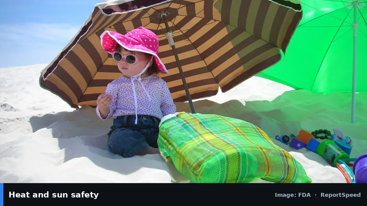 FDA photo of a baby in a sun hat under a beach umbrella (FDA official image), annotated: Heat and sun safety