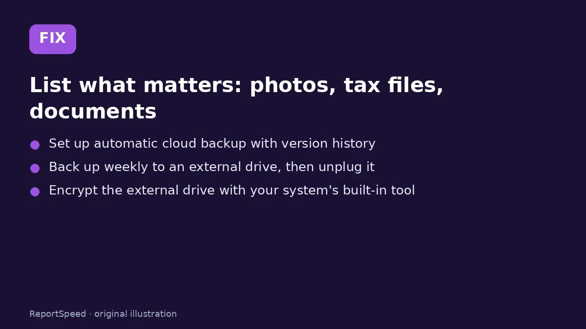 Fix steps: List what matters: photos, tax files, documents; Set up automatic cloud backup with version history; Back up weekly to an external drive, then unplug it