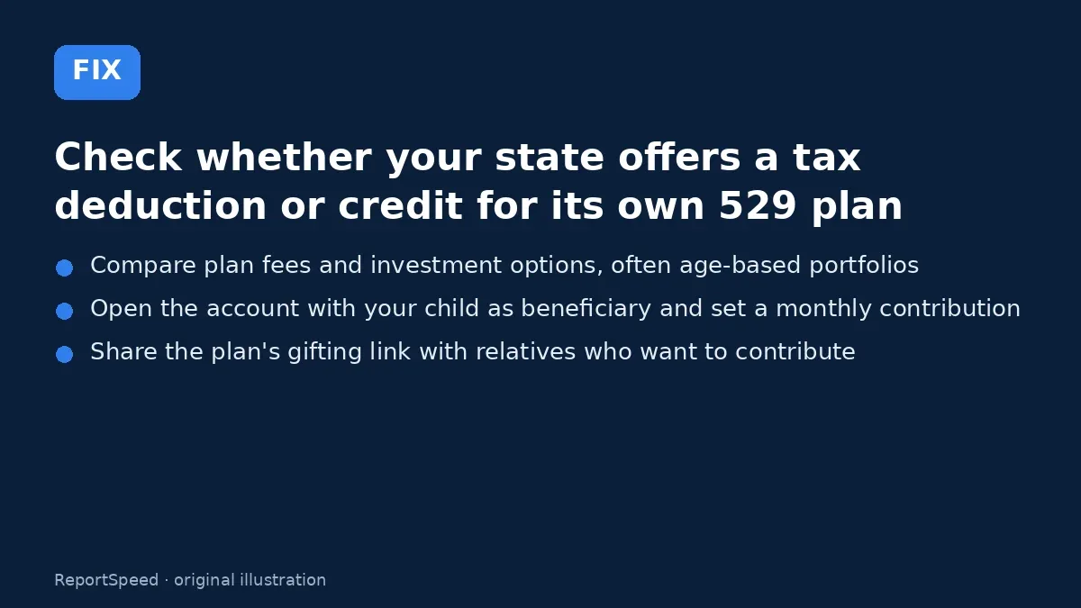 Fix steps: Check whether your state offers a tax deduction or credit…; Compare plan fees and investment options; Open the account with your child as beneficiary and set a…