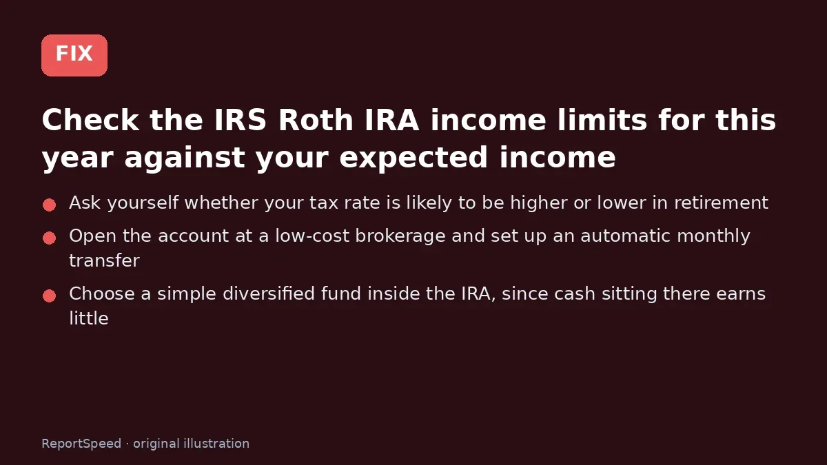 Fix steps: Check the IRS Roth IRA income limits for this year against…; Ask yourself whether your tax rate is likely to be higher…; Open the account at a low-cost brokerage and set up an…