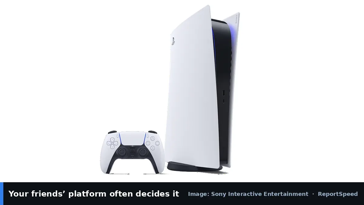 PlayStation 5 console (Sony Interactive Entertainment official image), annotated: Your friends’ platform often decides it