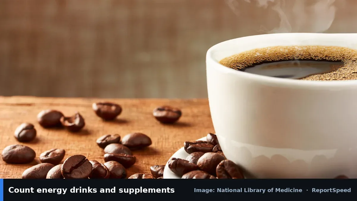MedlinePlus coffee and beans (National Library of Medicine official image), annotated: Count energy drinks and supplements